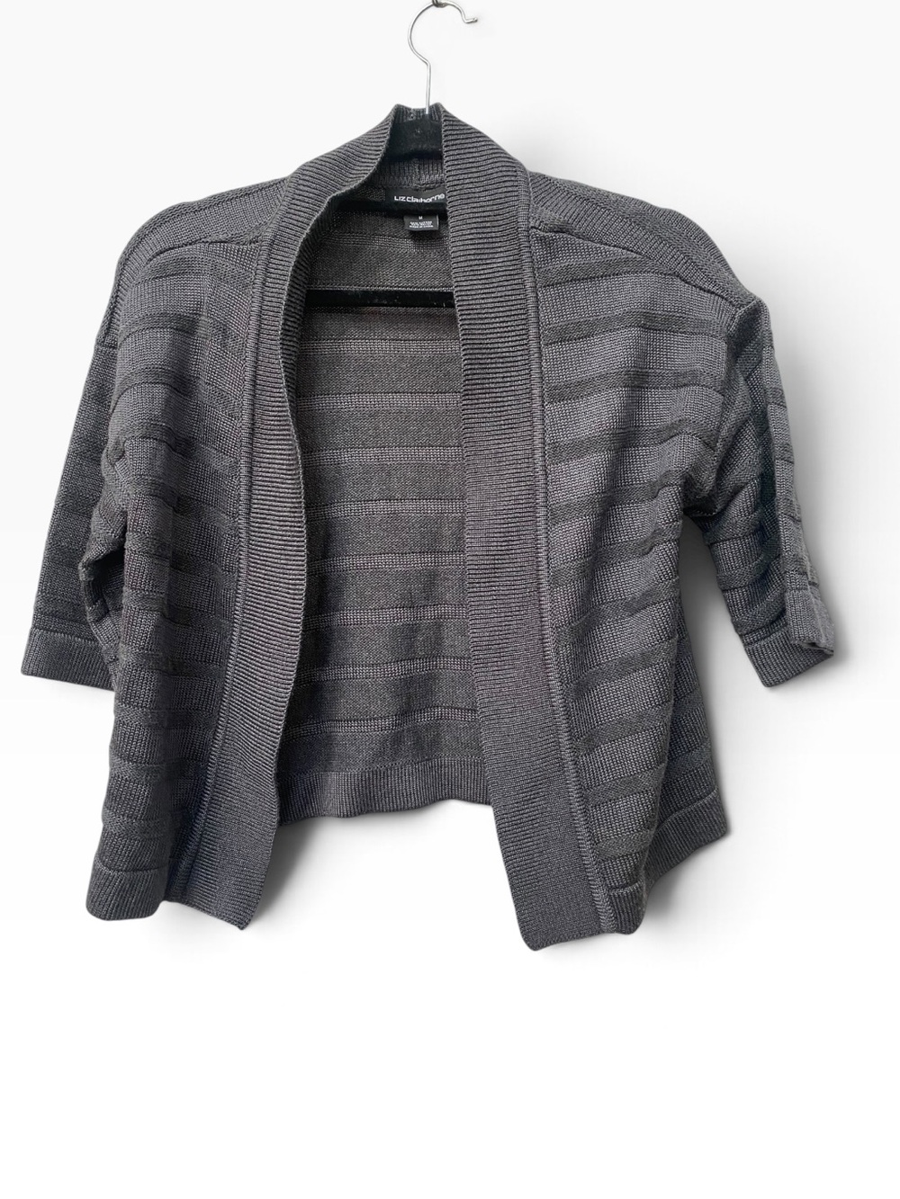 Liz Claiborne Career Charcoal Gray Open-Front Knit Cardigan Sweater 1/2 sleeve M